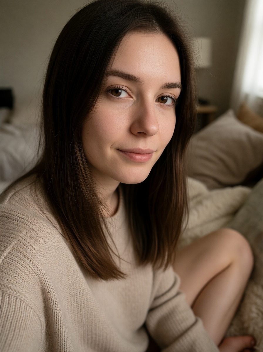 Brunette in beige sweater on bed