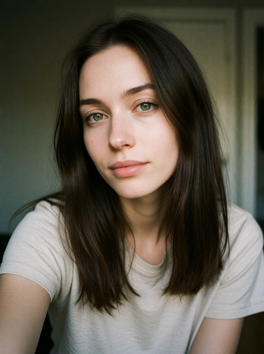 Brunette woman in white t-shirt portrait