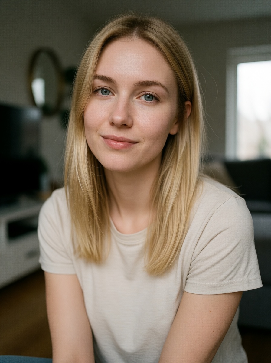 Blonde woman in beige t-shirt