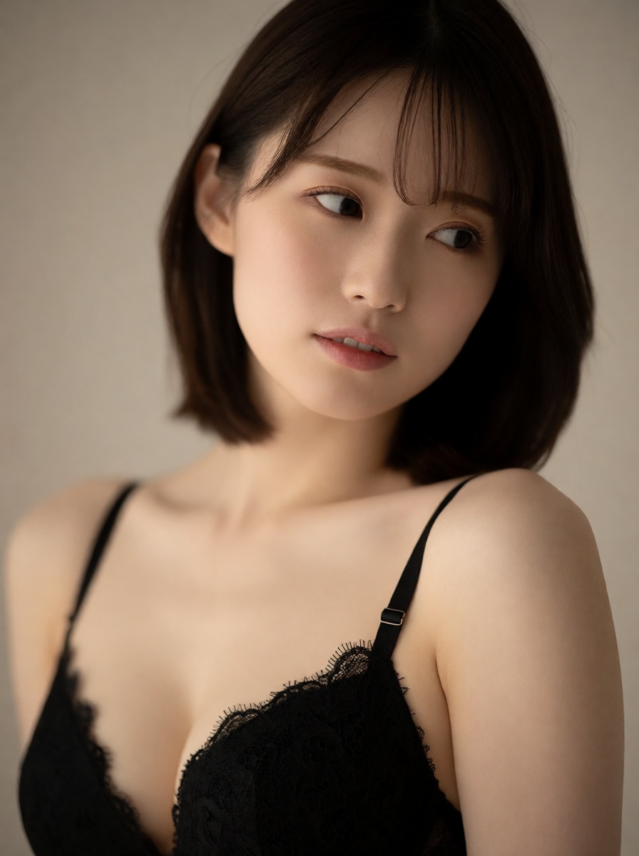 Asian woman in black lace bra