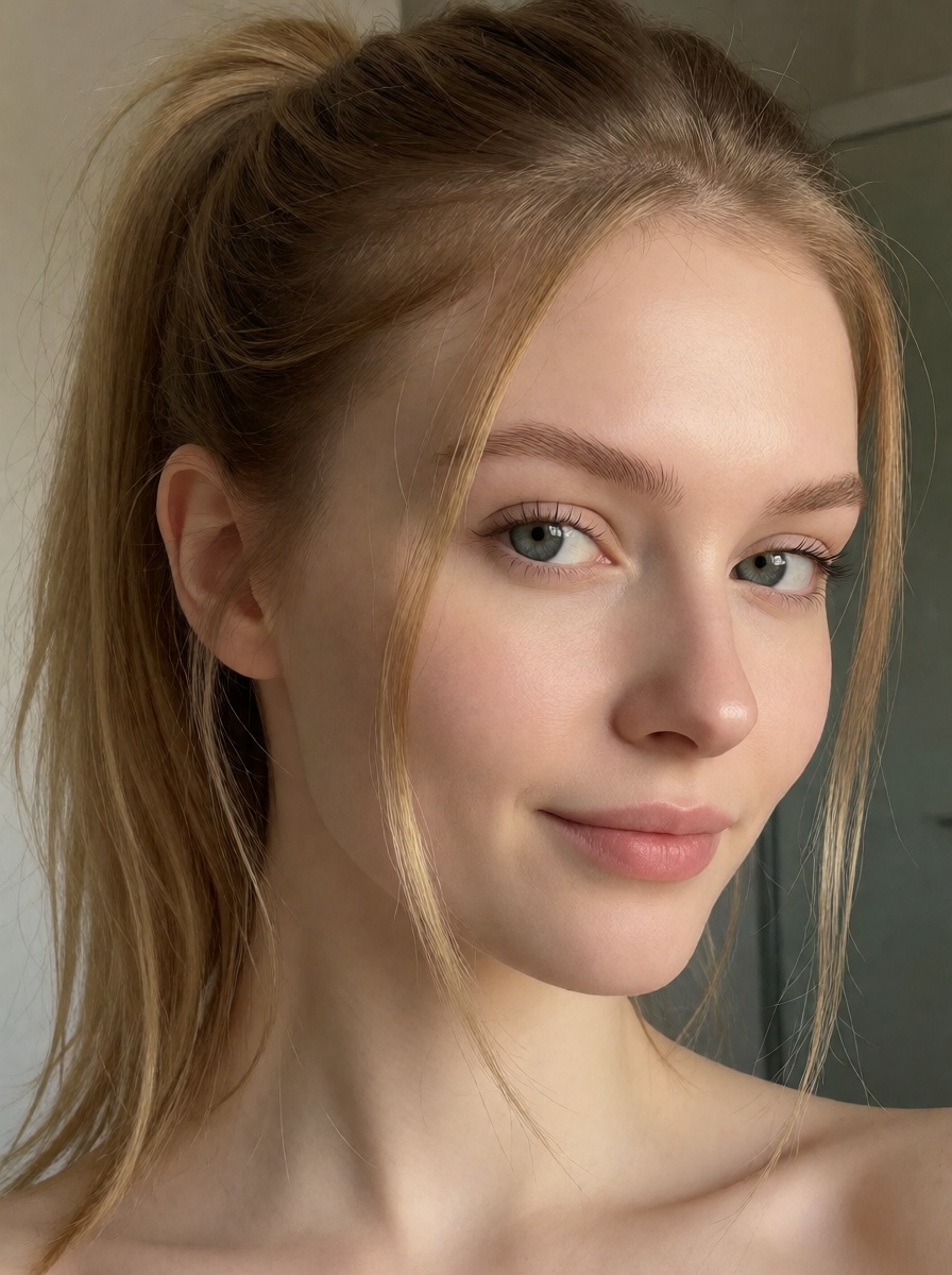 Blonde woman ponytail smiling