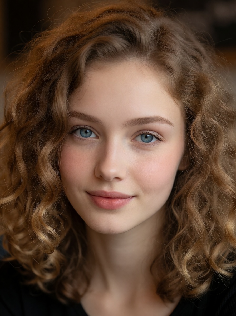 Curly haired woman smiling at camera
