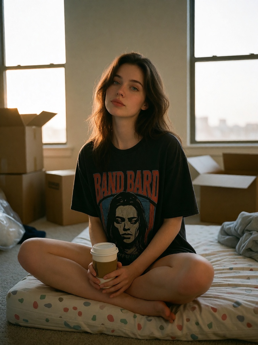 Brunette girl with coffee moving boxes