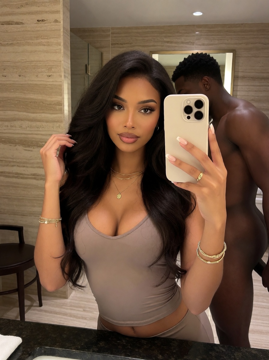Brunette selfie with naked black man