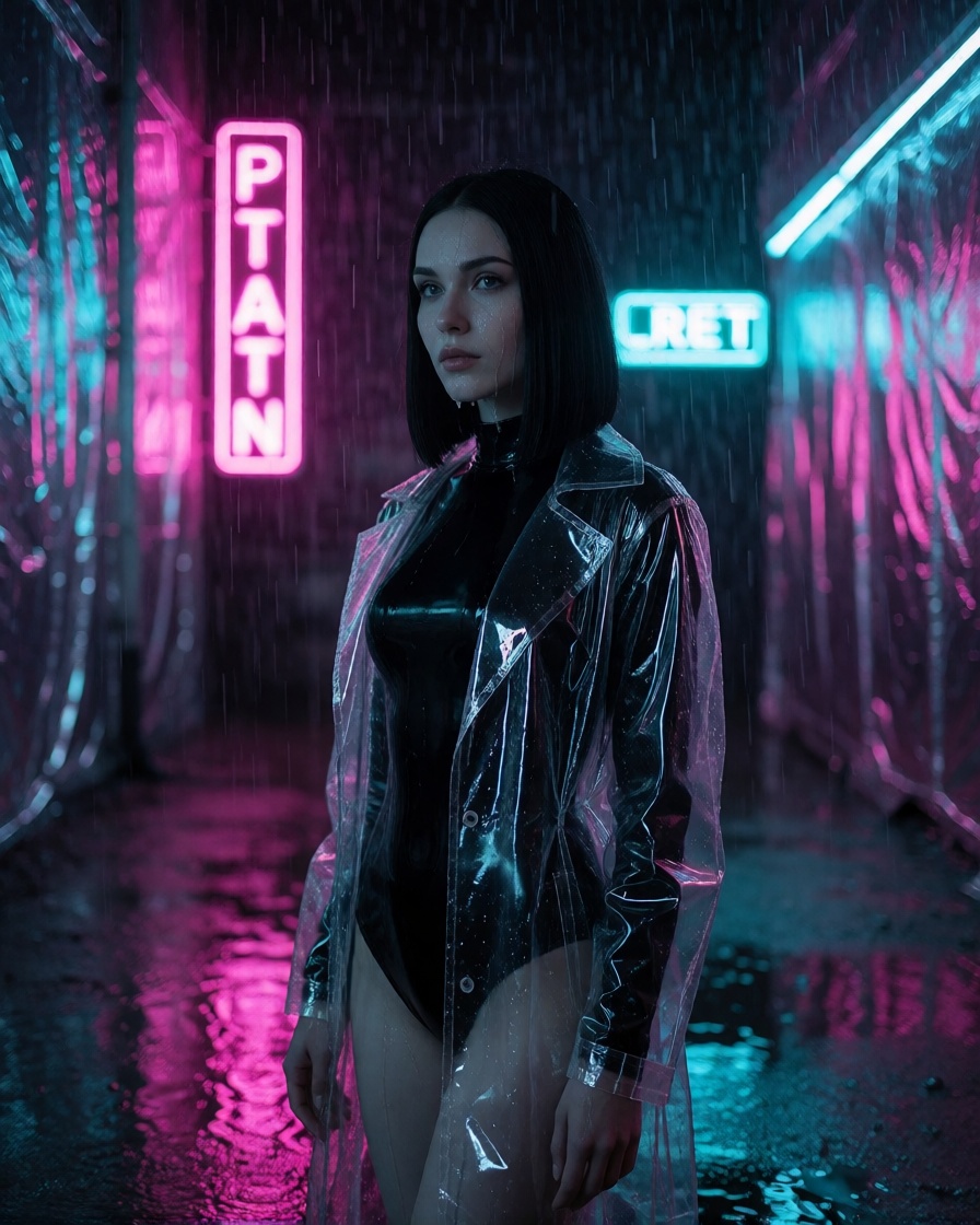 AI neon Rain Synthetic Woman