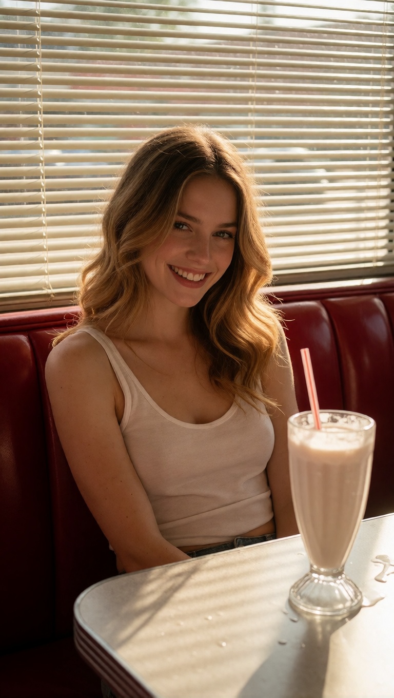 Uncensored ai blonde woman in diner booth hd photo