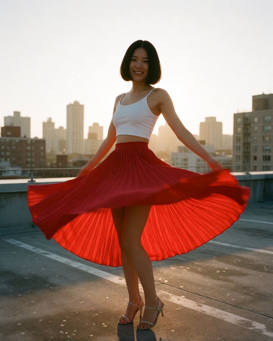 Ai made korean woman rooftop spin selfie style