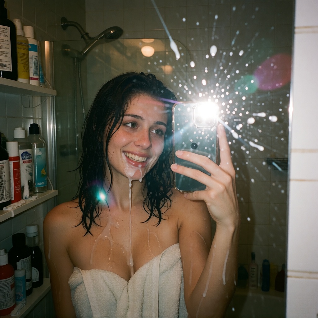 AI wet Hair Bathroom Mirror Selfie