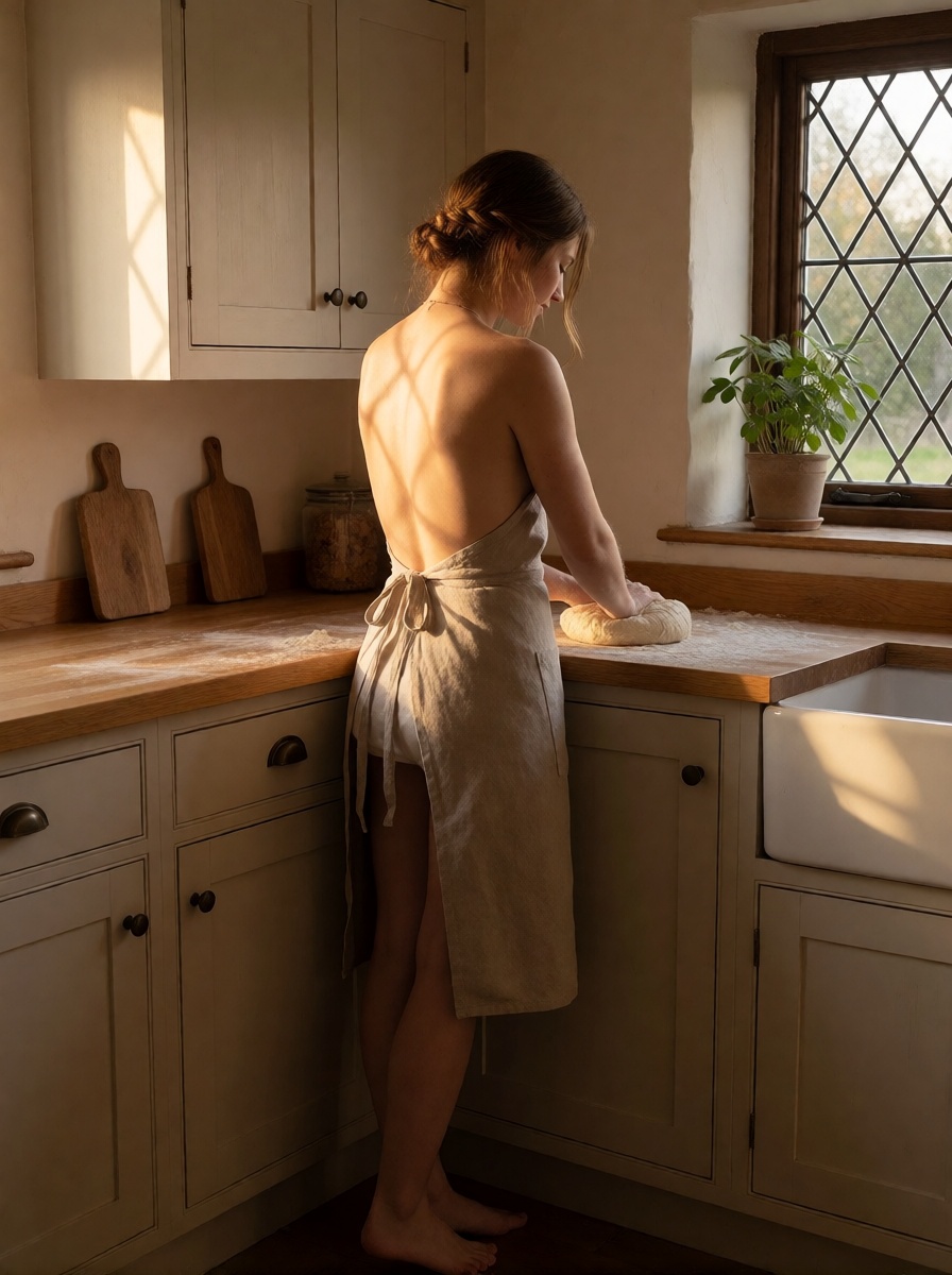 Nsfw ai blonde woman kneading dough in kitchen ultra realistic