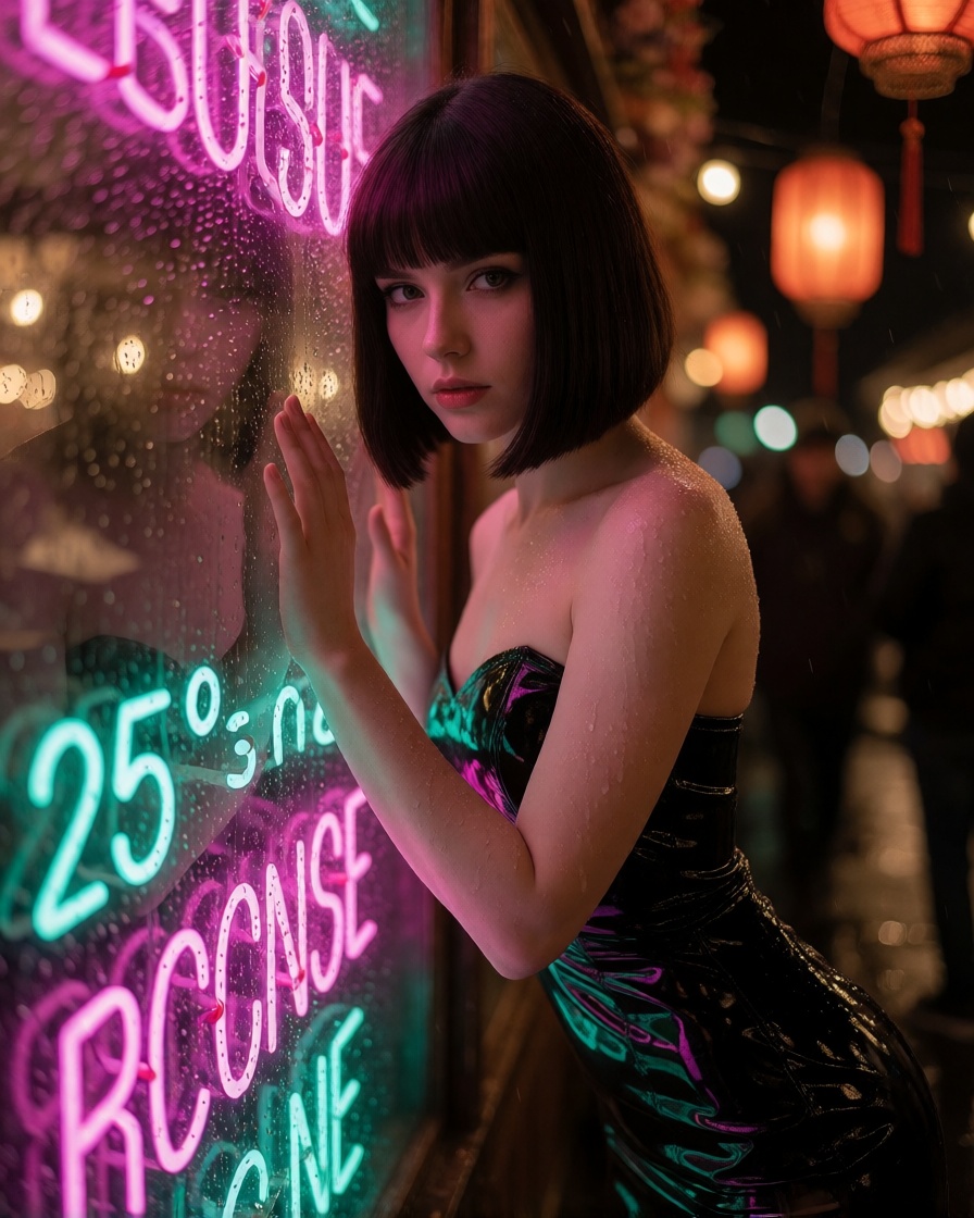 Ai generated rainy night market brunette 4k