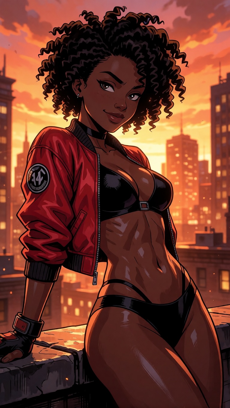 Ai art cartoon girl black woman rooftop sunset selfie style