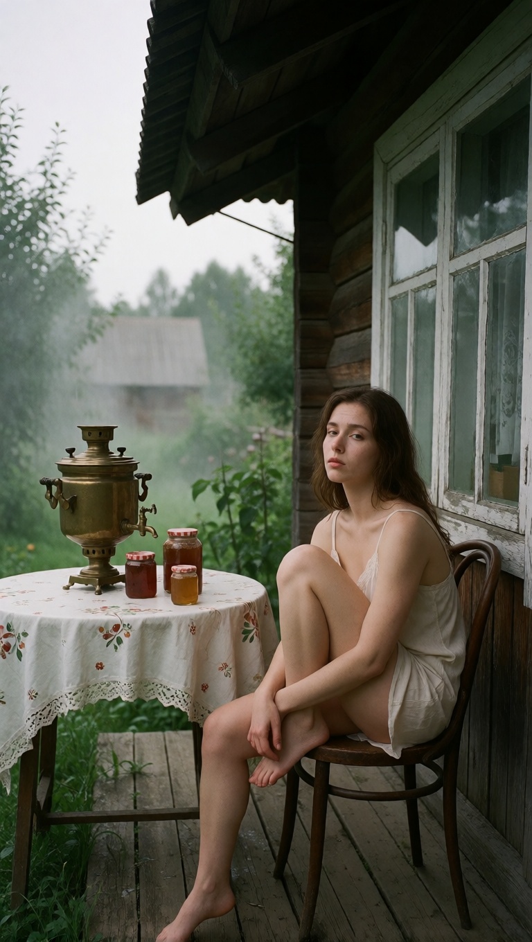 Ai art solo woman in slip on dacha veranda hd photo