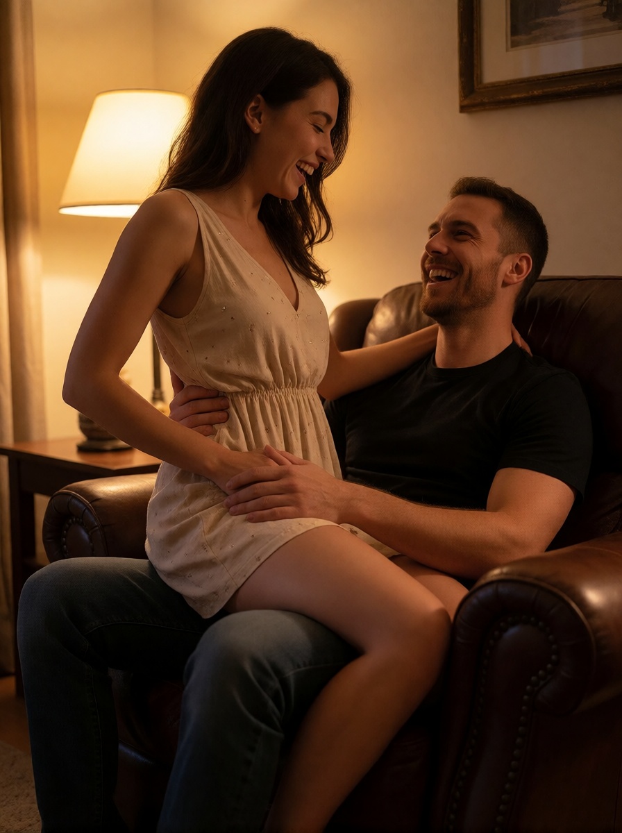 Ai art solo couple straddling leather armchair portrait