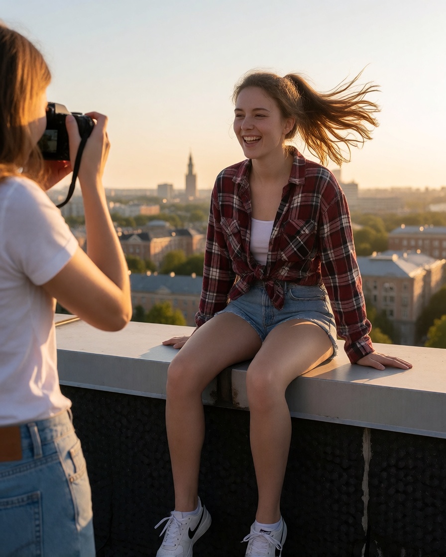 Free ai young adult college girl rooftop summer ultra realistic