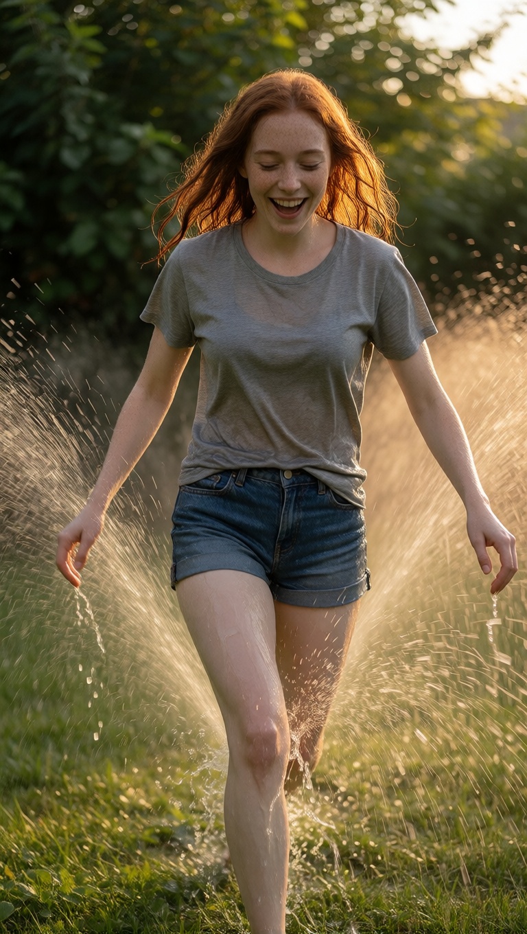 Ai nude redhead sprinting sprinkler garden high detail