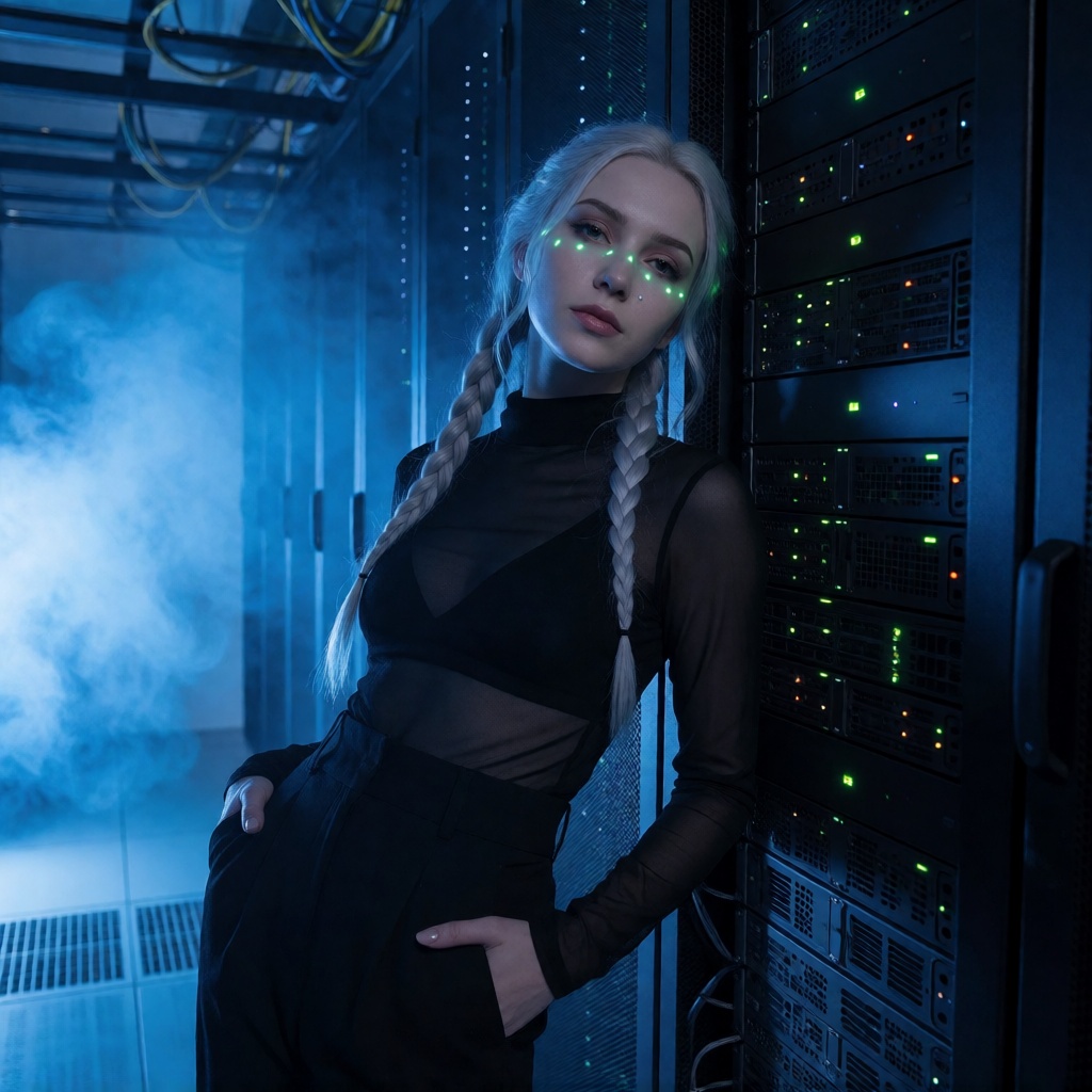 Ai art blonde platinum woman server room portrait