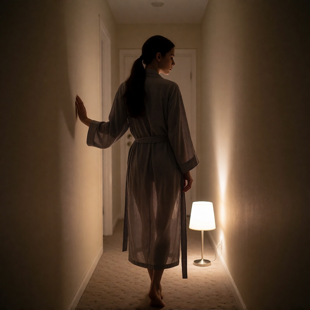 Ai generated solo adult woman grey robe hallway selfie style