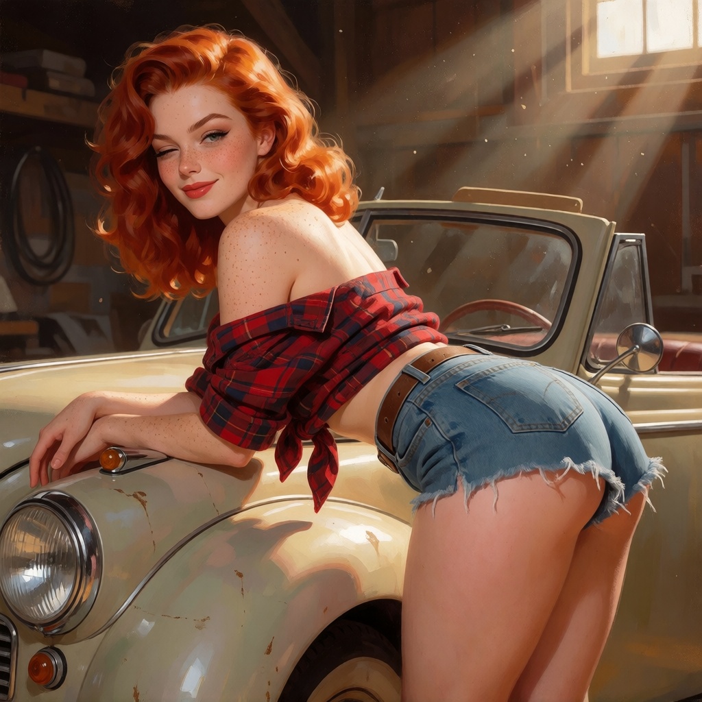 Nsfw ai redhead pinup garage pose high detail