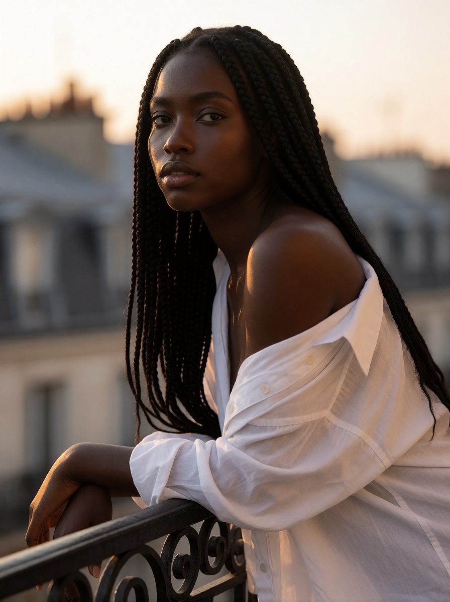 Nsfw ai ebony woman balcony golden hour portrait