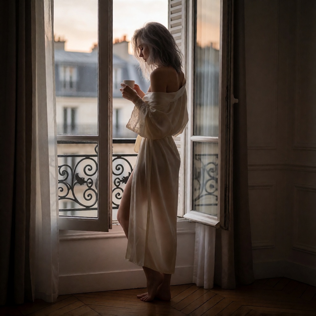 Ai art french parisian blonde dawn window full body shot