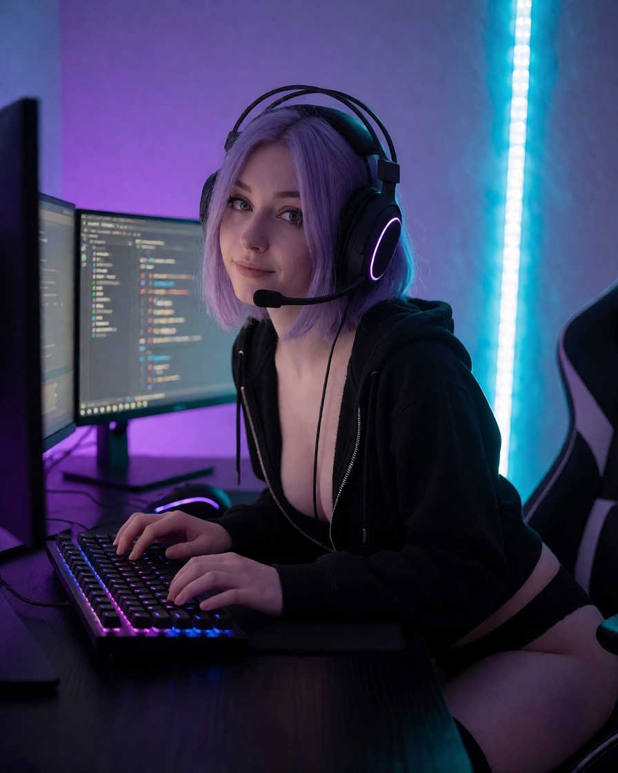 Hyperrealistic ai lilac hair streamer desk full body shot