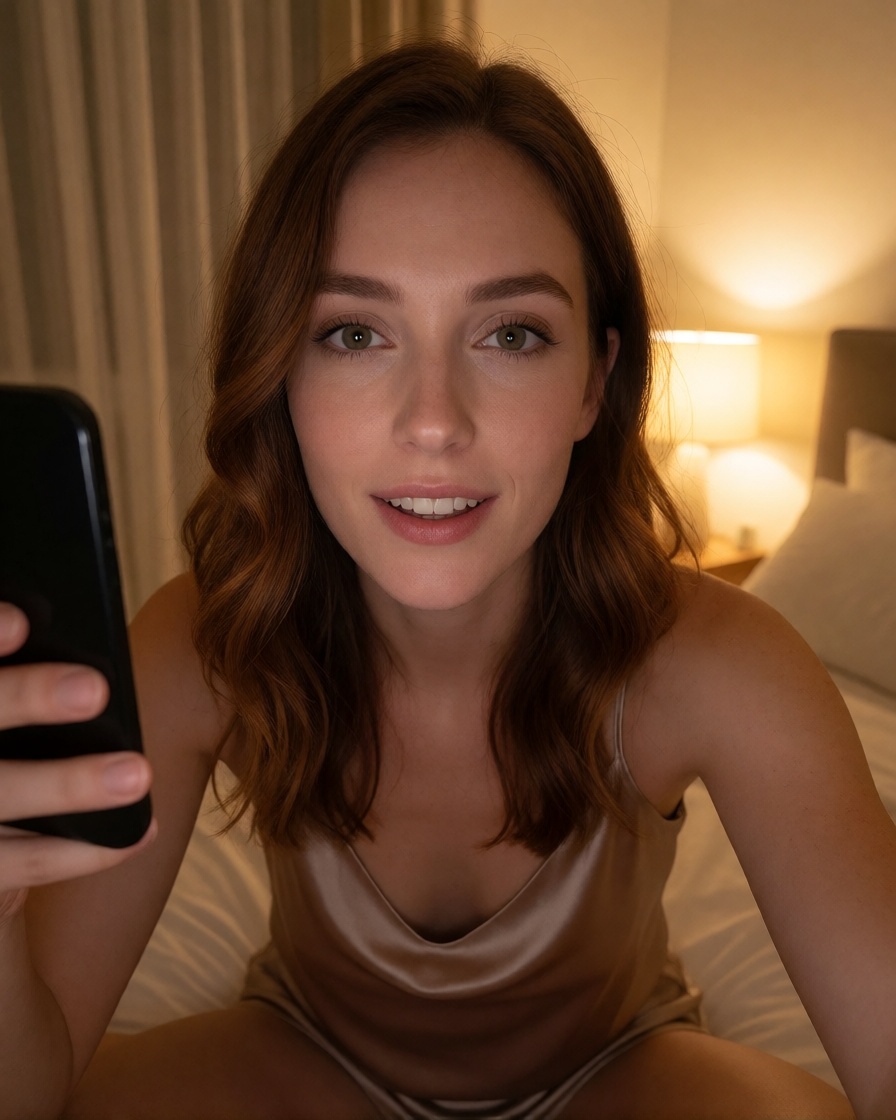Realistic ai auburn woman webcam chat photorealistic