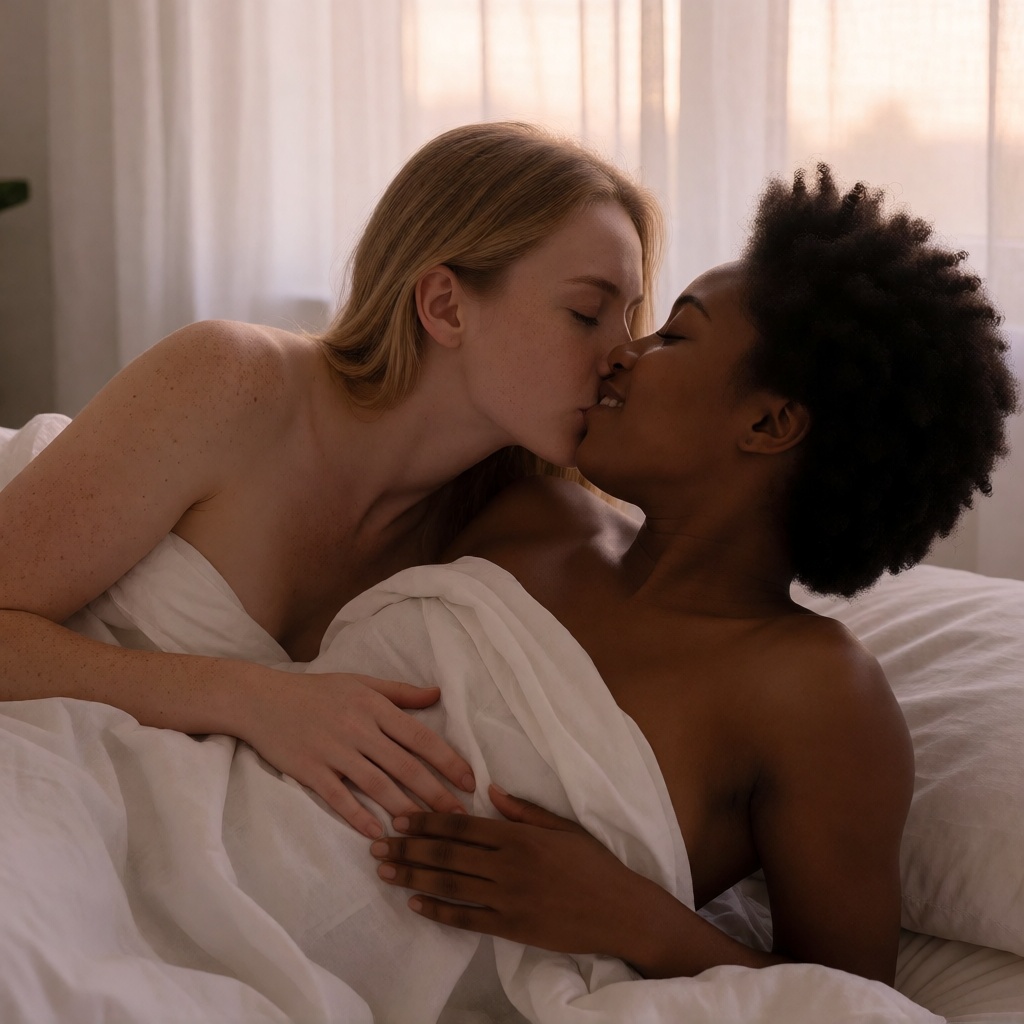 Free ai lesbian couple blonde ebony morning kiss no filter