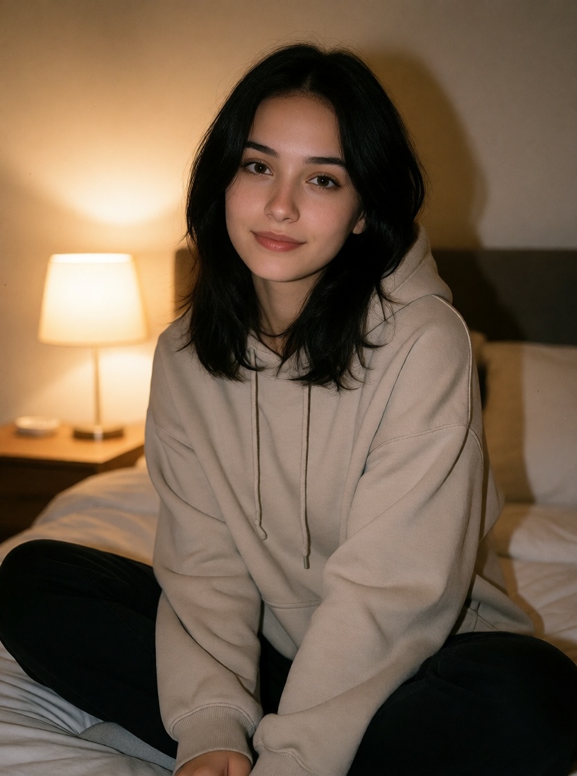 Realistic ai arab woman cozy bedroom portrait