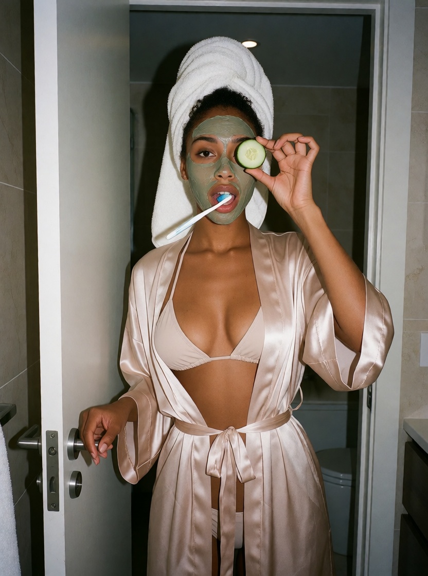 Nsfw ai ebony black woman bathroom silk robe photorealistic