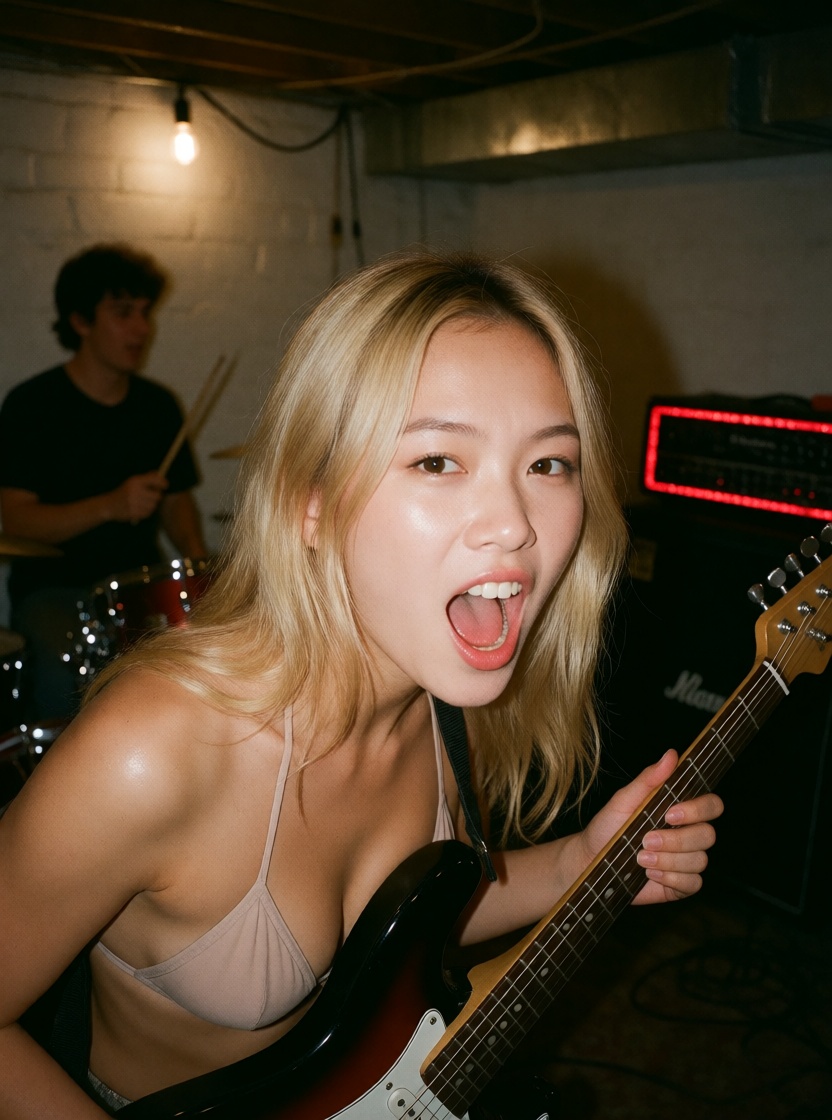 Ai art asian woman singing in basement close up