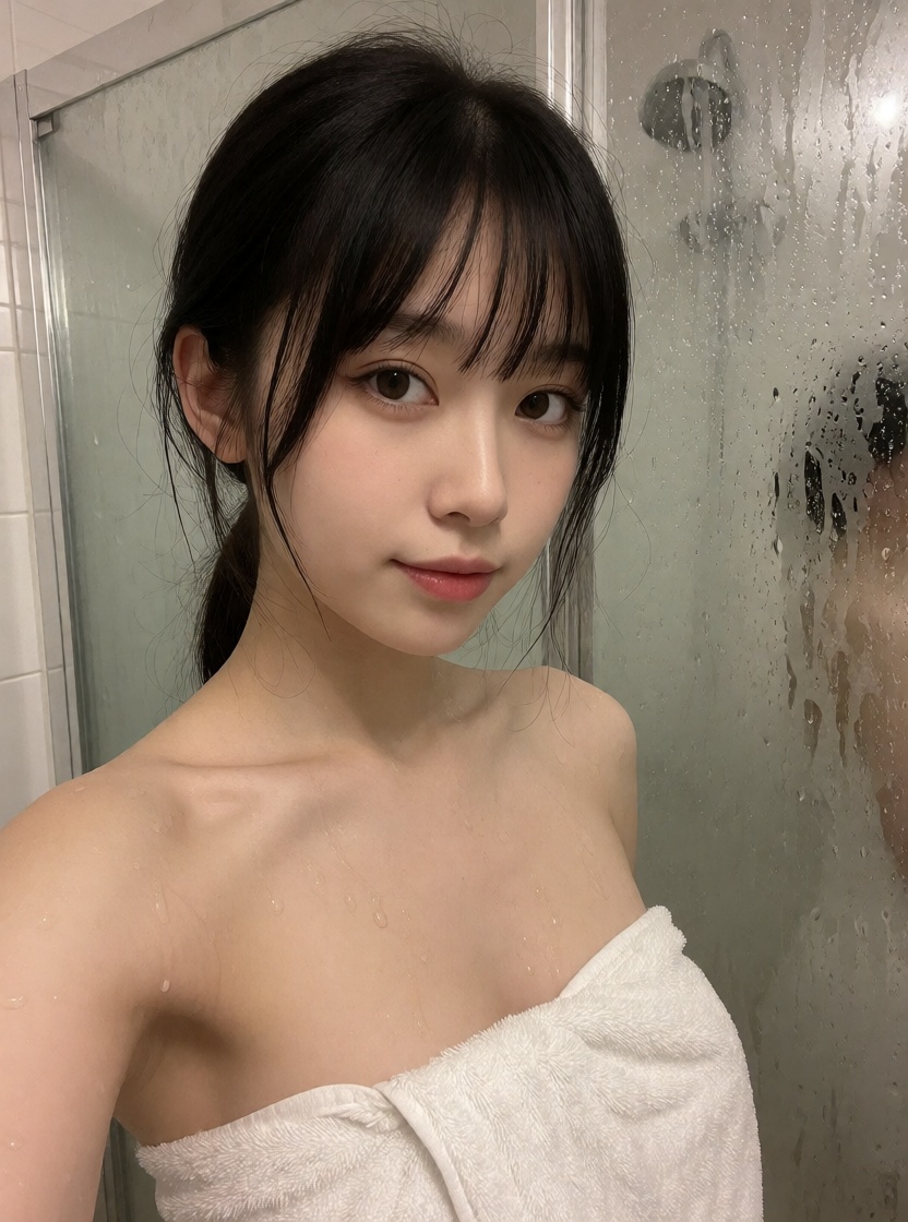 Uncensored ai asian woman white towel bathroom ultra realistic
