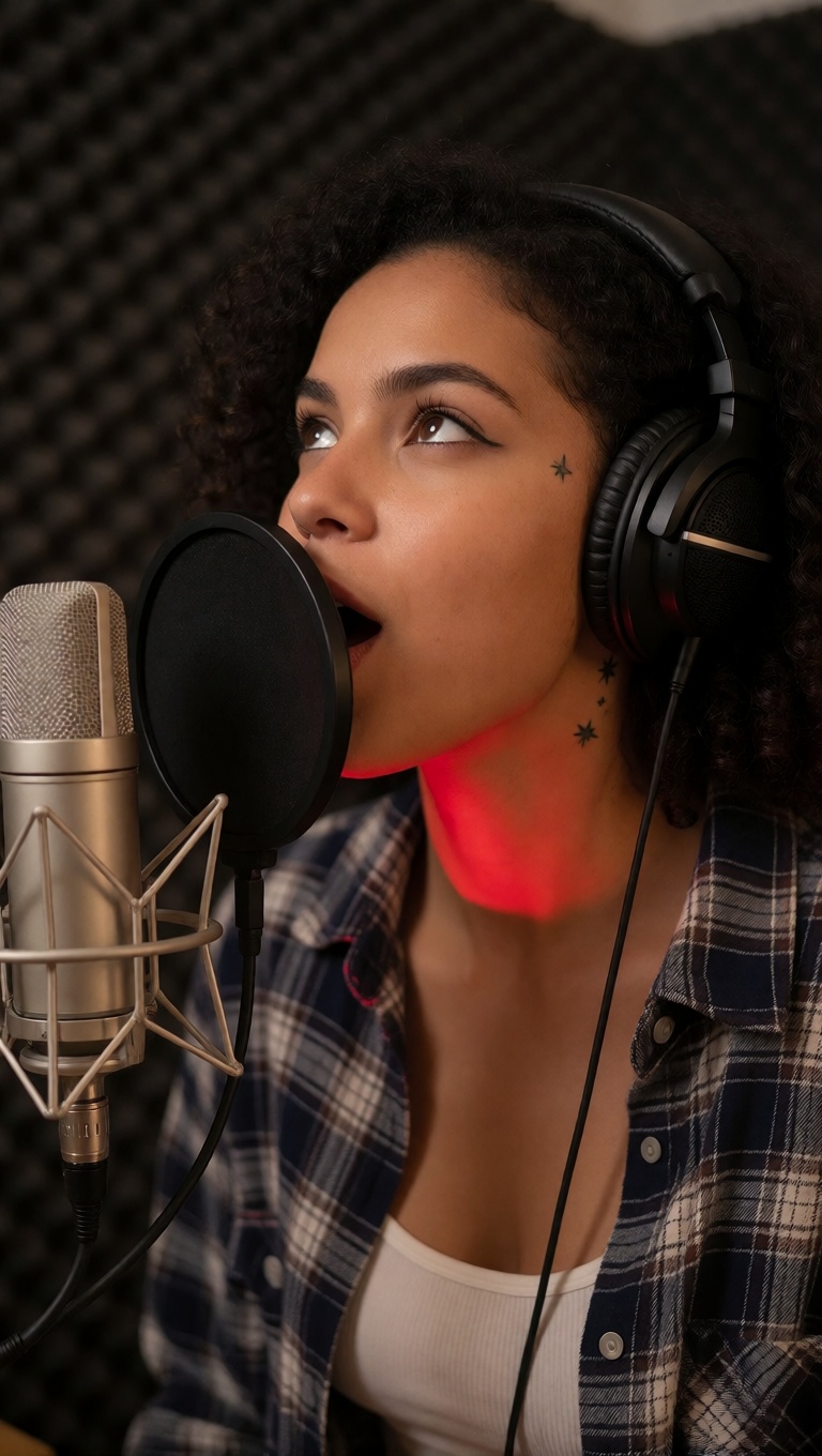 Brazilian woman podcasting studio