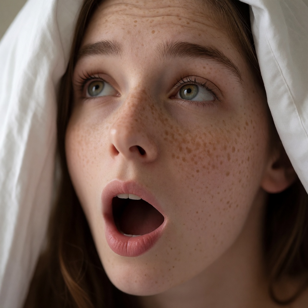 Hyperrealistic ai solo freckled woman gasp close up selfie style