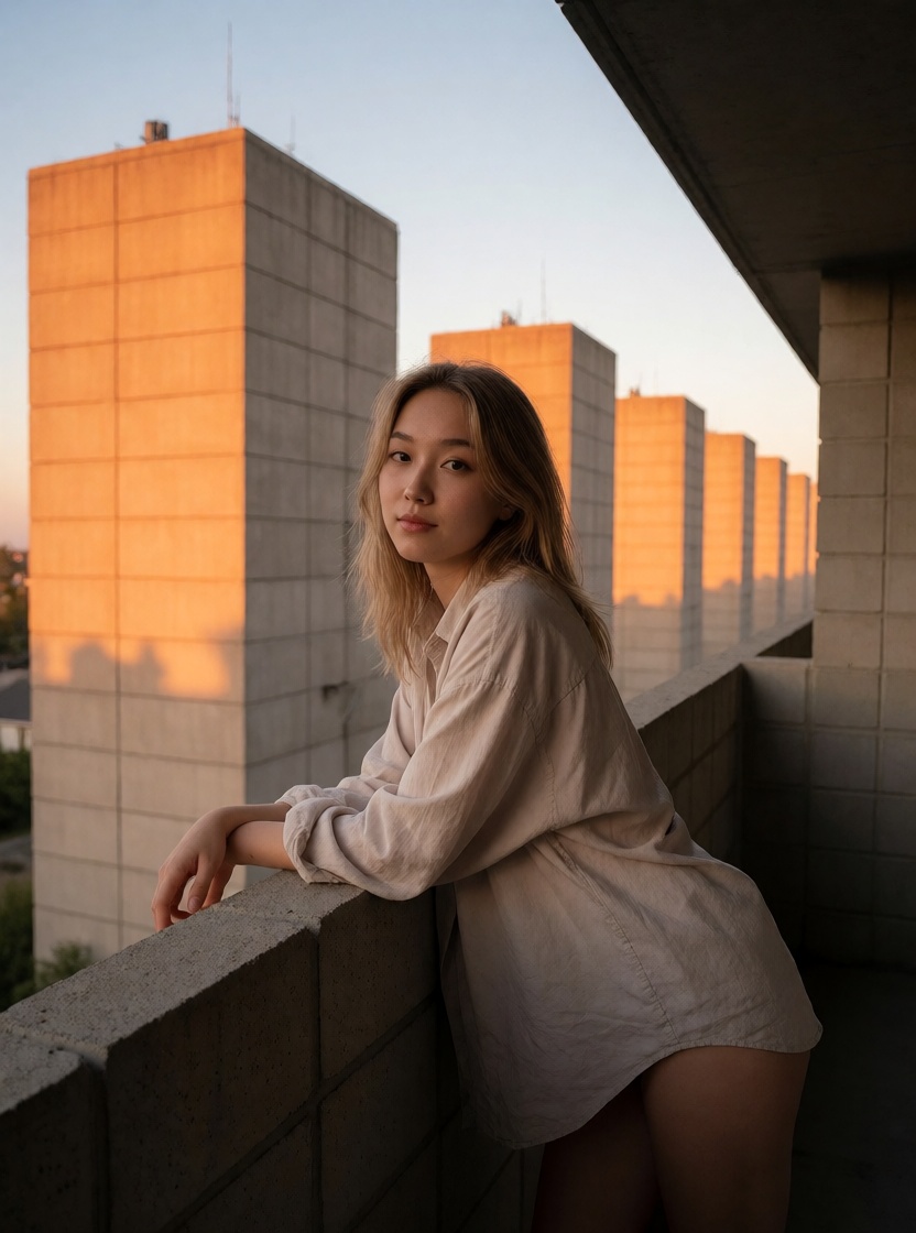 Free ai blonde asian woman topless balcony sunset hd photo