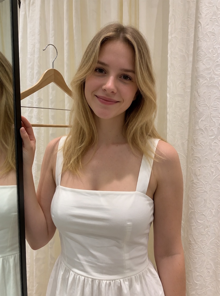 Ai art blonde woman white dress shop 4k