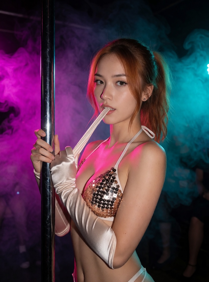 Hyperrealistic ai asian redhead pole dance high detail