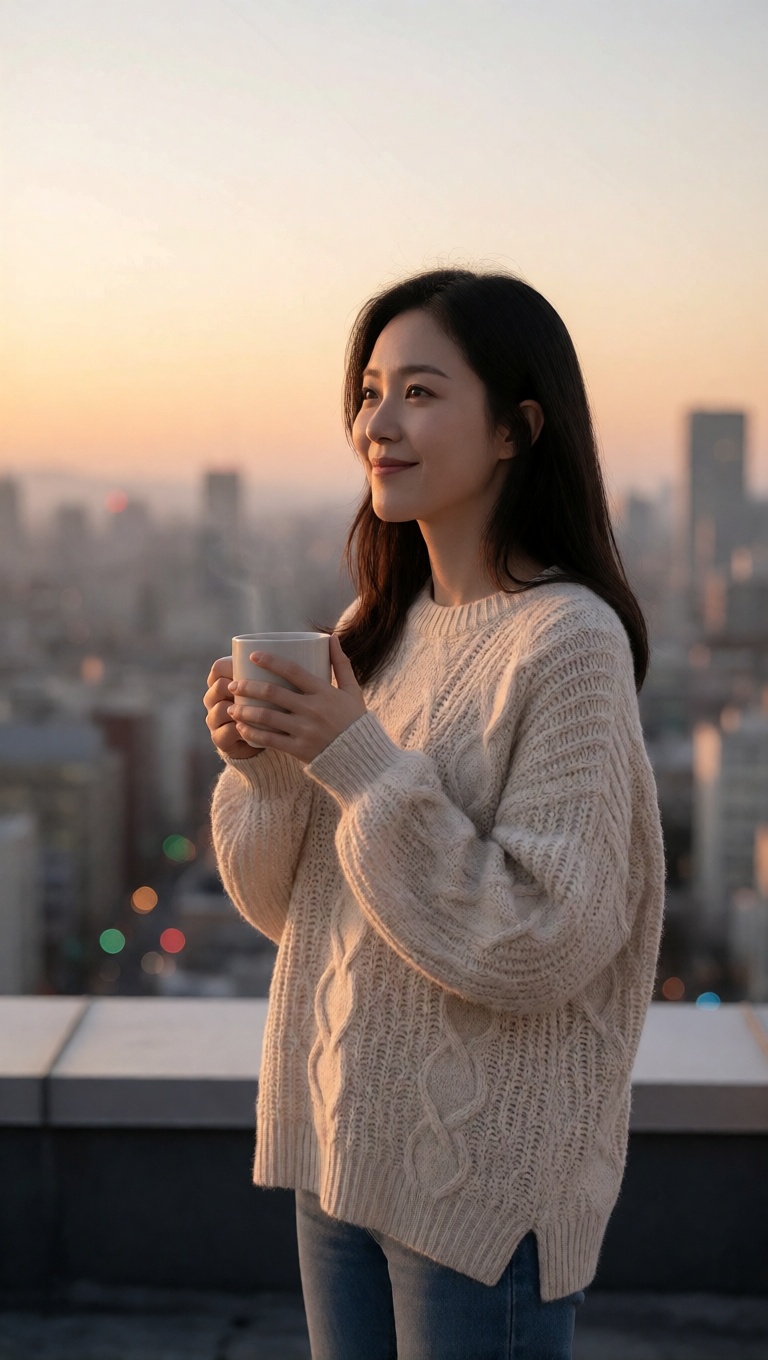 Hyperrealistic ai korean woman rooftop coffee close up