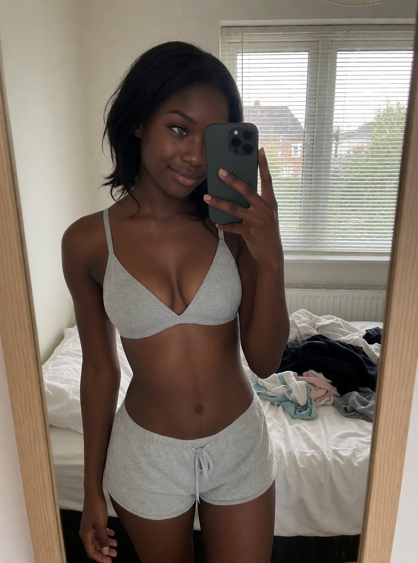 Ai made ebony black woman bedroom mirror selfie full body shot
