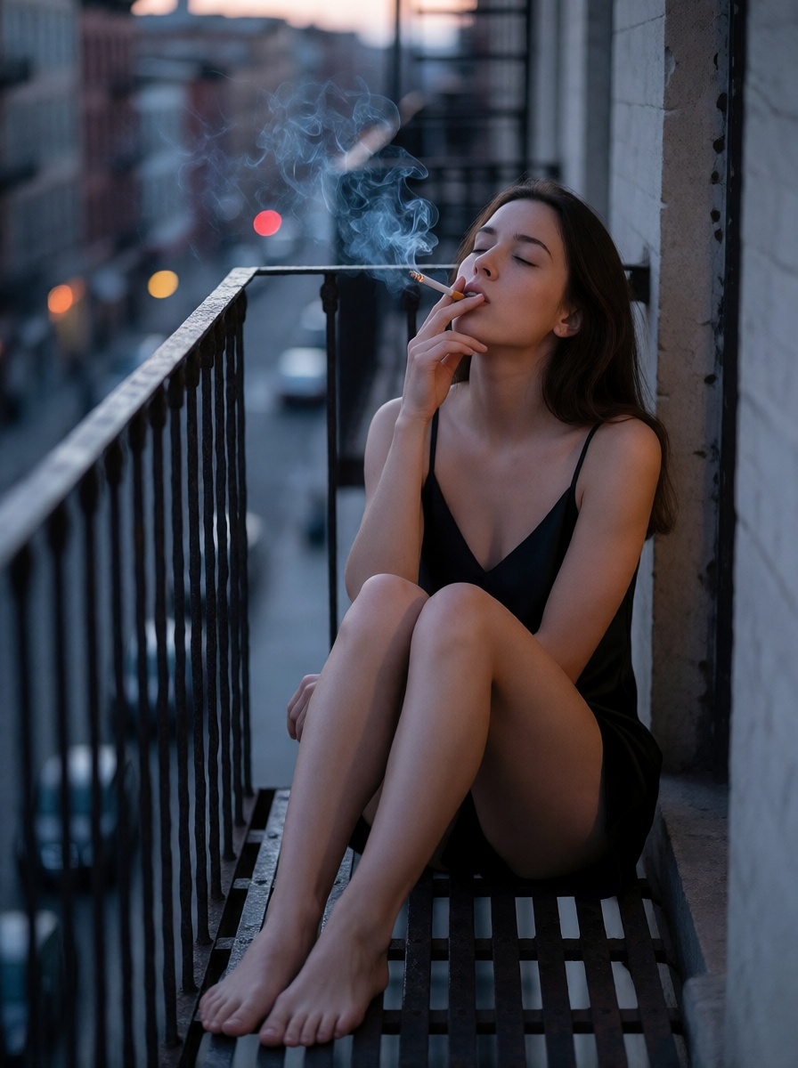 Ai made italian woman smoking fire escape selfie style