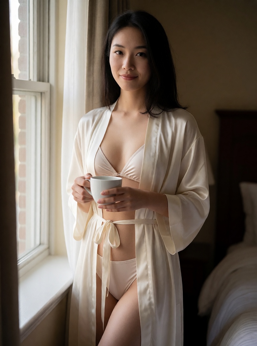 Hyperrealistic ai asian woman silk robe boudoir photorealistic