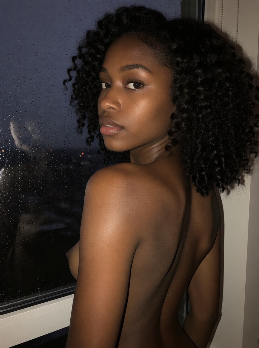 Ai nude ebony black woman rain window full body shot
