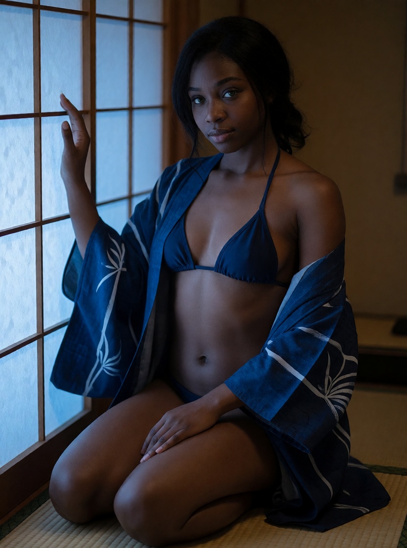 Free ai ebony black woman kneeling in yukata full body shot
