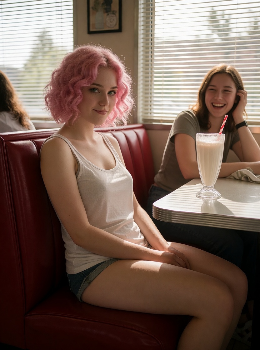 Uncensored ai young adult flirty woman in diner booth high detail