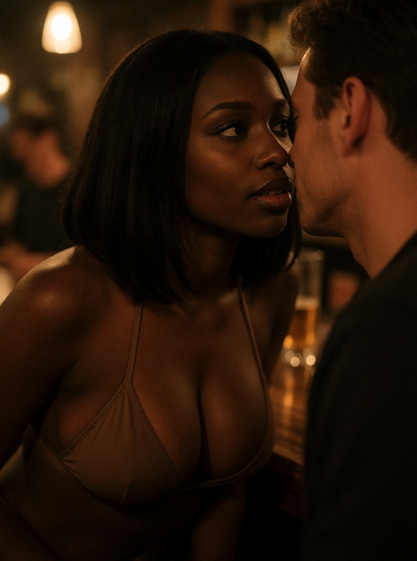 Ai art ebony black woman flirting at bar full body shot