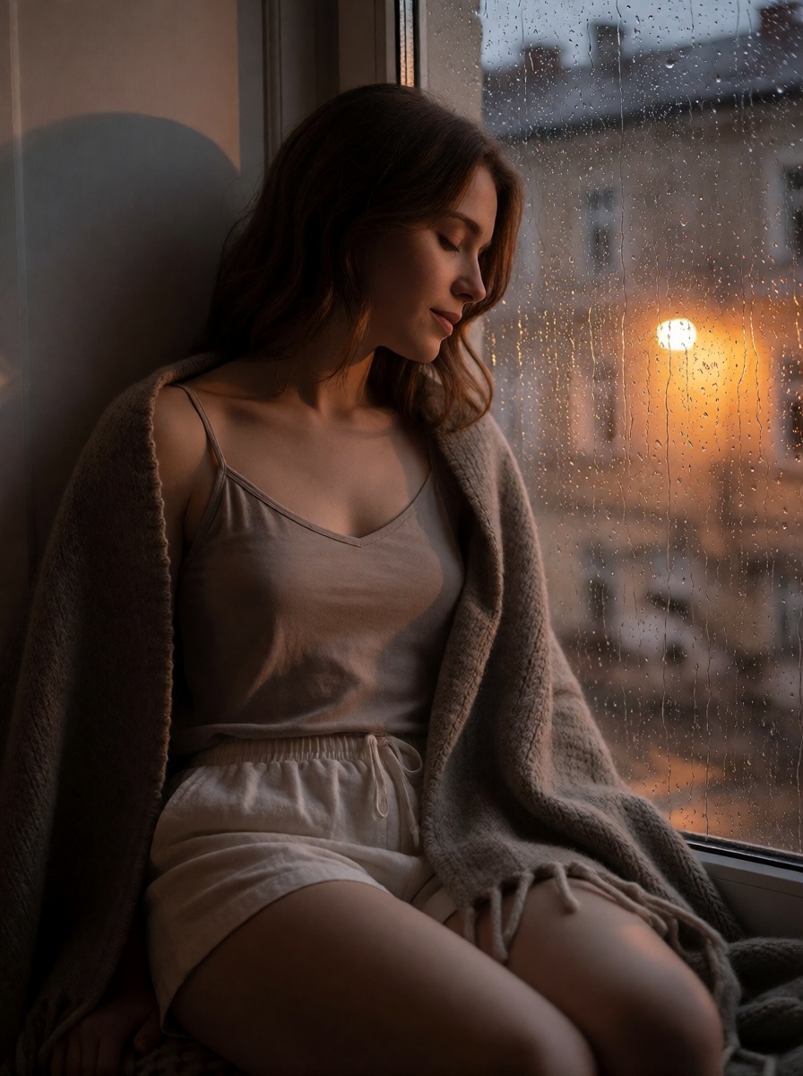 Ai porn brunette woman in camisole by rainy window close up