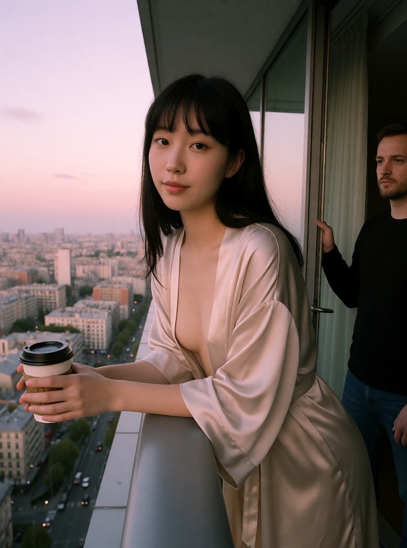 Free ai asian woman balcony silk robe 4k