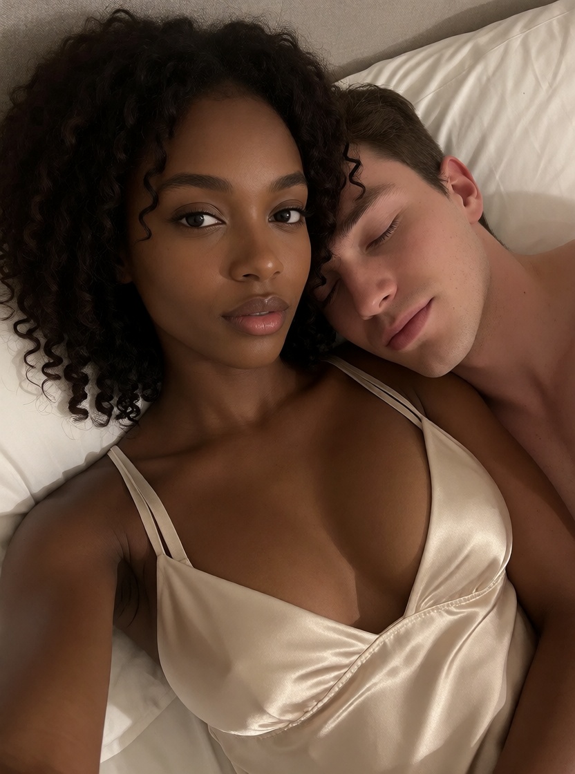 Ai generated ebony black woman silk slip bed 4k
