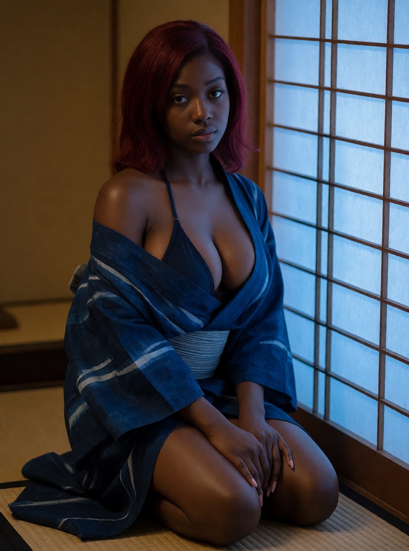 Hyperrealistic ai ebony african woman kneeling in yukata