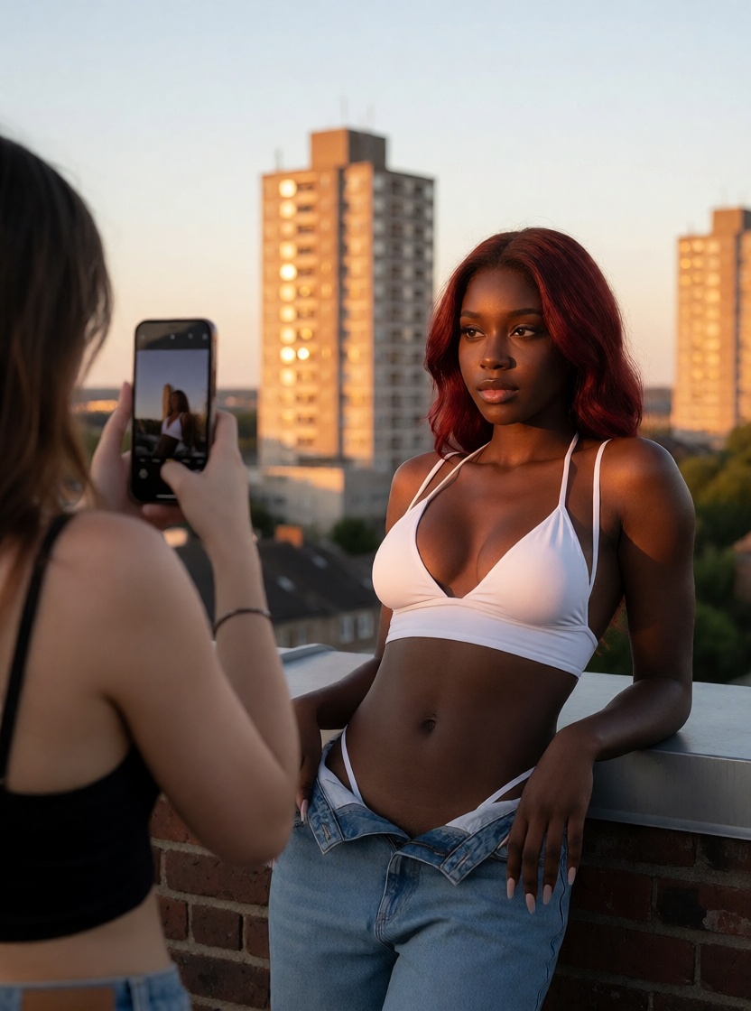 Realistic ai ebony black woman rooftop golden hour close up