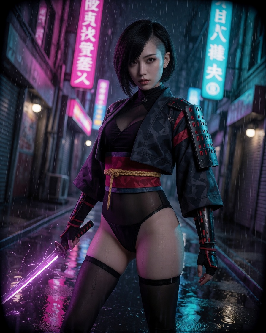 Hyperrealistic ai cosplay girl japanese cyber samurai rain close up